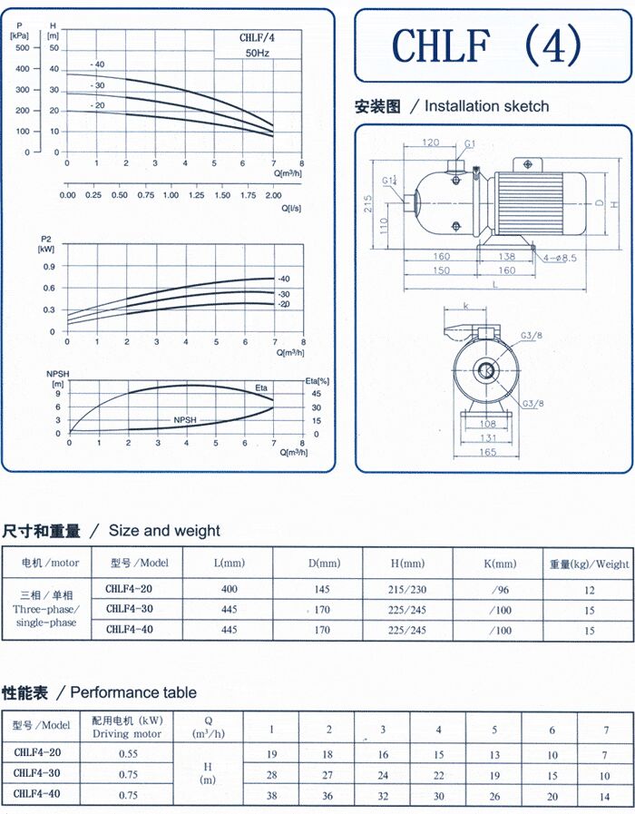 CHLF輕型立式不銹鋼多級(jí)離心泵安裝圖、尺寸、性能